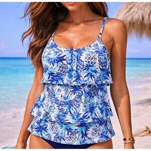 24th & Ocean Blue Pineapple Tiered Tankini Top Size S NWT Flowy Ruffle Swim